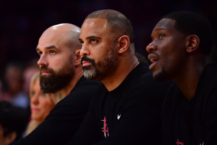 Rockets head coach Ime Udoka watches game action against the Los Angeles Lakers during the first half at Crypto.com Arena.
